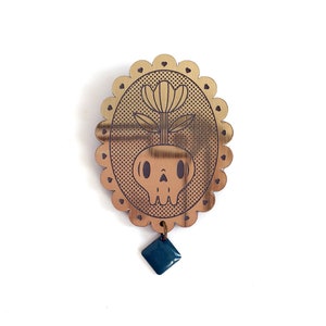 Memento mori brooch with skull and flower, in lasercut brushed gold acrylic image 9