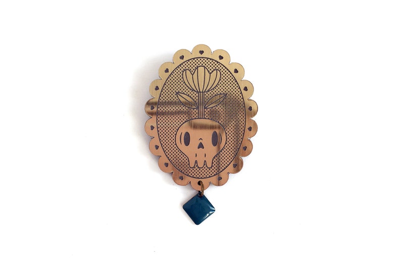 Memento mori brooch with skull and flower, in lasercut brushed gold acrylic image 9