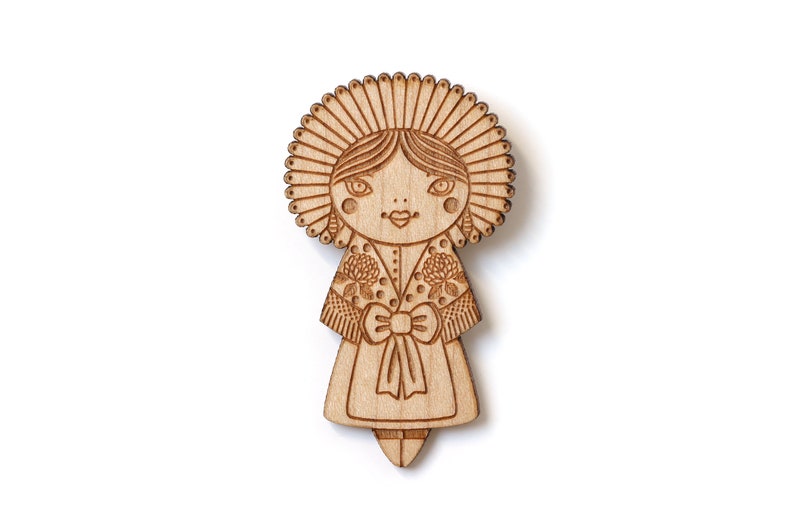 Wooden doll necklace with traditional costume from Calais made of lasercut wood folklore pendant lace and flowers cute jewelry image 9