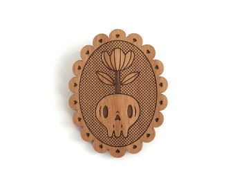 Sugar skull with flower brooch with frame, lasercut alder or walnut wood - Halloween calavera pin - vanitas jewelry - catrina accessory