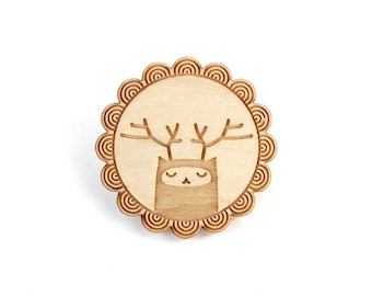 Reindeer brooch - deer pin - woodland creature - graphic fantastic jewelry - illustrated forest animal jewellery - lasercut maple wood