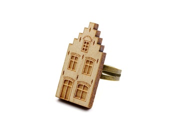 Dutch house ring - Amsterdam - Delft - Netherlands - architecture ring - lasercut maple wood - graphic jewelry - architect jewellery