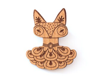 Fox with historical costume and jewelry brooch in lasercut wood - animal pin gift - elegant and original statement accessory