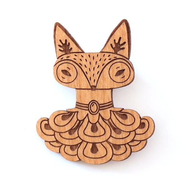 Broche Renard en costume historique - bijou en bois gravé au laser - cadeau animal mignon et décalé