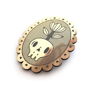 Memento mori brooch with skull and flower, in lasercut brushed gold acrylic image 6