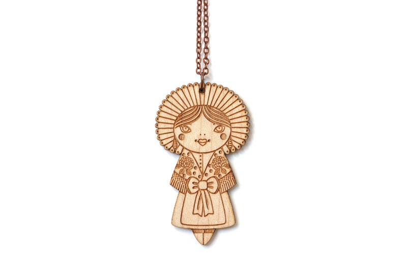 Wooden doll necklace with traditional costume from Calais made of lasercut wood folklore pendant lace and flowers cute jewelry image 1