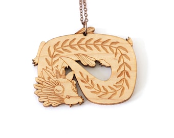 Pendentif Dragon en bois d'érable gravé et découpé au laser - collier créature fantastique - bijou animal extraordinaire mythologie fantasy