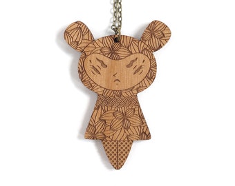 Angry doll necklace in lasercut wood - floral pattern - kawaii kokeshi pendant - cute matryoshka jewelry - accessory - gift for her