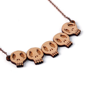 Collection of skulls necklace in lasercut wood statement pendant gothic dark jewelry halloween Vanitas image 1