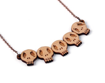 Collection of skulls necklace in lasercut wood - statement pendant - gothic dark jewelry - halloween - Vanitas