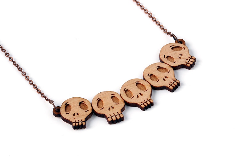 Collection of skulls necklace in lasercut wood statement pendant gothic dark jewelry halloween Vanitas image 1