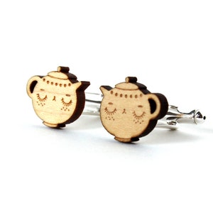 Teapot cufflinks wedding jewelry tea lover lasercut accessory maple wood gift man dad groom bestman graphic offbeat image 2