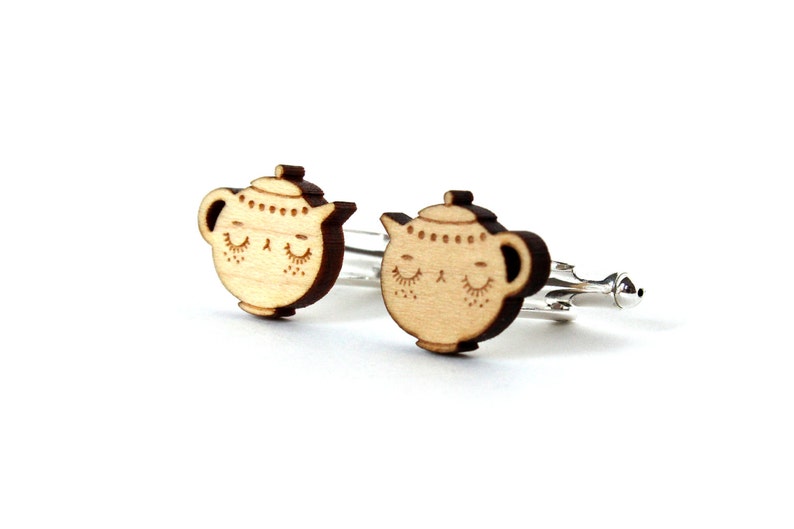 Teapot cufflinks wedding jewelry tea lover lasercut accessory maple wood gift man dad groom bestman graphic offbeat image 2