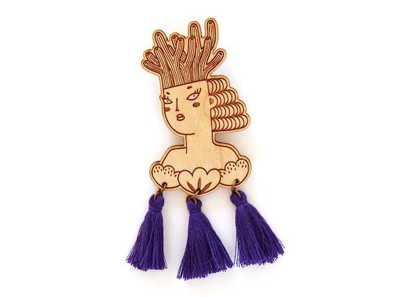 Mermaid brooch - wooden pin - purple tassels - woman with coral on her head and shells on her chest - lasercut jewelry - wood jewellery