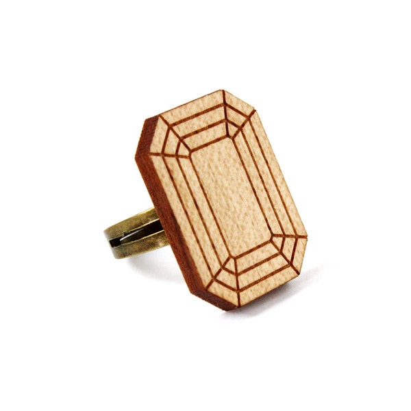 Emerald ring - fake precious stone ring - lasercut maple wood - statement jewelry - kitsch offbeat graphic bling jewellery