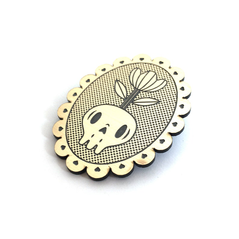 Memento mori brooch with skull and flower, in lasercut brushed gold acrylic image 7