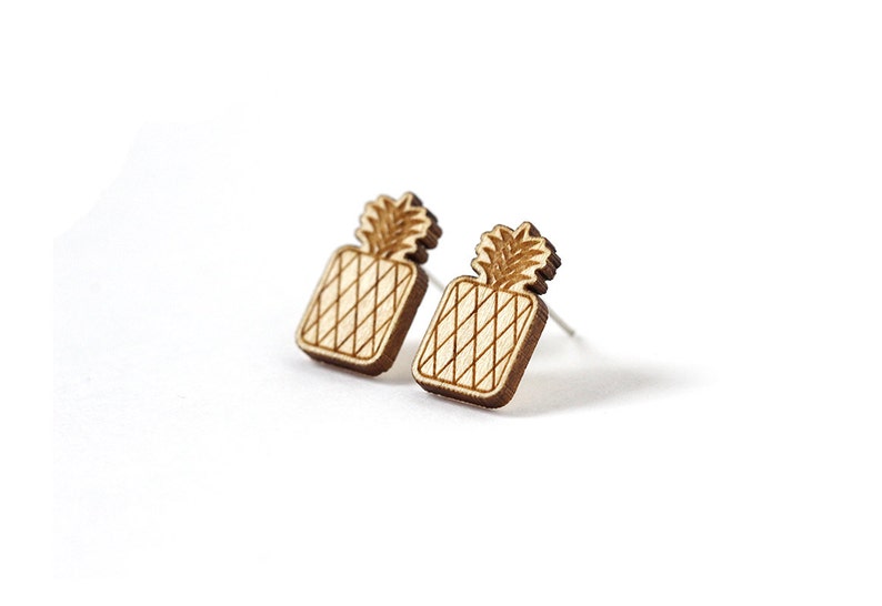 Pineapple studs kitsch fruit earrings tiny retro posts illustrated jewelry graphic jewellery lasercut maple wood surgical steel image 1