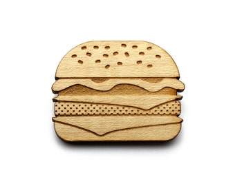 Broche burger - pin's hamburger - bijou cheeseburger - bois d'érable gravé au laser - bijou graphique rétro kitsch