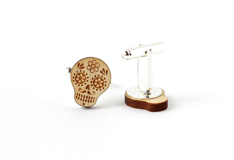 Calavera cufflinks sugar skull wood cuff links day of the dead wooden ethnic jewellery mexican lasercut accessory for men image 2