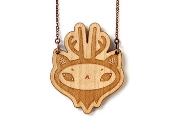 Collier Cerf - pendentif renne - bijou animal de la forêt - bois d'érable - pendentif gravé au laser - bijou illustré graphique - kawaii
