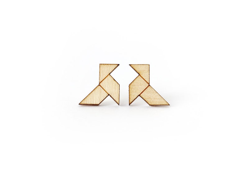 Origami bird studs tiny earrings mini jewelry graphic jewellery lasercut maple wood hypoallergenic surgical steel posts image 3