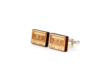 Audio tape cufflinks made of lasercut wood - perfect gift for vintage music lover - lo-fi 80's wooden jewelry - wedding accessory for men