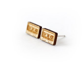 Audiotape studs - audiotape earrings - tiny posts - mini jewelry - retro jewellery - lasercut maple wood - hypoallergenic surgical steel
