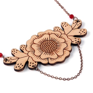 Floral bib necklace in lasercut wood statement fall jewelry with flower and leaves foliage pendant autumn jewelry Botanica image 1