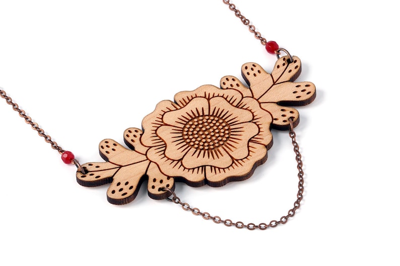Floral bib necklace in lasercut wood statement fall jewelry with flower and leaves foliage pendant autumn jewelry Botanica image 1