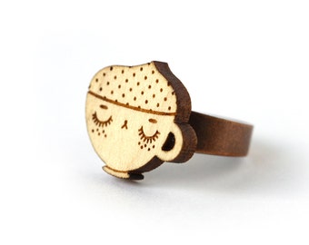 Cappuccino ring - wood - lasercutting - coffee cup ring - cute food jewelry - kawaii jewellery - graphic ring - lasercut maple wood