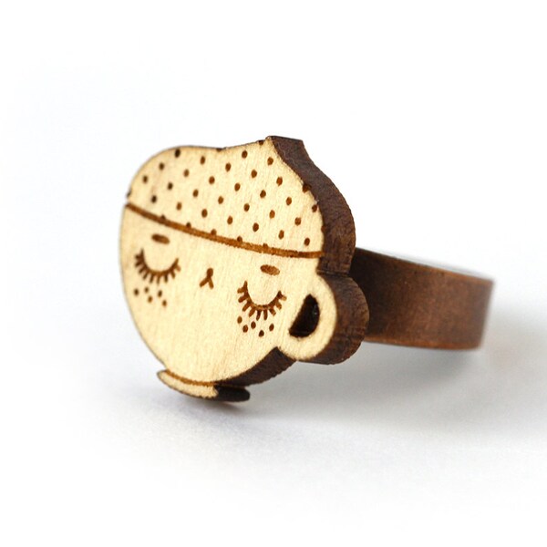 Bague Cappuccino - bois - découpe laser - bague tasse de café - bijou gourmand kawaii - bijou graphique mignon - érable gravé au laser