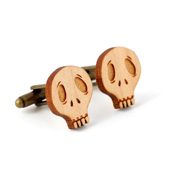 Boutons de manchette memento mori en bois gravé au laser - accessoire tête de mort gothique - cadeau calavera - bijou homme crâne