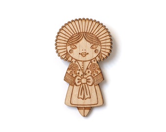 Wooden doll brooch with folkloric costume from Calais - folklore pin made of lasercut wood - lace and flowers - cute jewelry