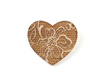 Heart-shaped brooch with lace pattern - wedding pin - vintage jewelry - retro jewellery - lasercut maple wood - romantic accessory