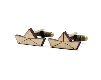 Paper boat cufflinks - origami ship cuffs - wedding accessory - lasercut maple wood - groom - bestman - graphic jewelry