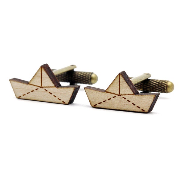 Paper boat cufflinks - origami ship cuffs - wedding accessory - lasercut maple wood - groom - bestman - graphic jewelry