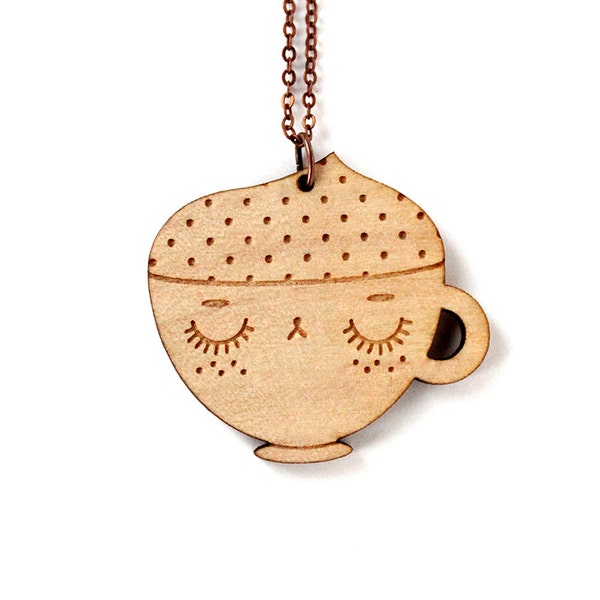 Collier Cappuccino - pendentif en bois - découpe laser - bijou gourmand mignon - tasse de café kawaii - bijou graphique en érable et métal