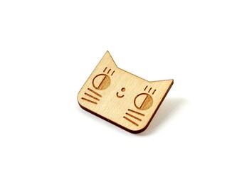 Wooden cat brooch made of lasercut wood - kitten pin - cute animal jewelry - kawaii accessory - - lasercutting