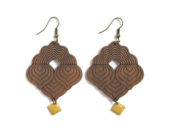 Statement earrings in lasercut solid walnut wood with sequin - abstract bold and graphic jewelry - geometric teal mustard petroleum mint