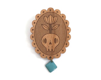 Sugar skull with flower brooch with frame, lasercut alder or walnut wood - Halloween calavera pin - vanitas jewelry - catrina accessory