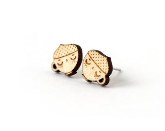 Cappuccino studs - coffee cup earrings - graphic posts - mini jewelry - cute jewellery - lasercut maple wood - hypoallergenic surgical steel