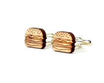 Boutons de manchette Burger - manchettes cheeseburger - hamburger - bois gravé au laser - junk food - accessoire pour homme - cadeau mariage