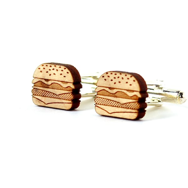 Boutons de manchette Burger - manchettes cheeseburger - hamburger - bois gravé au laser - junk food - accessoire pour homme - cadeau mariage