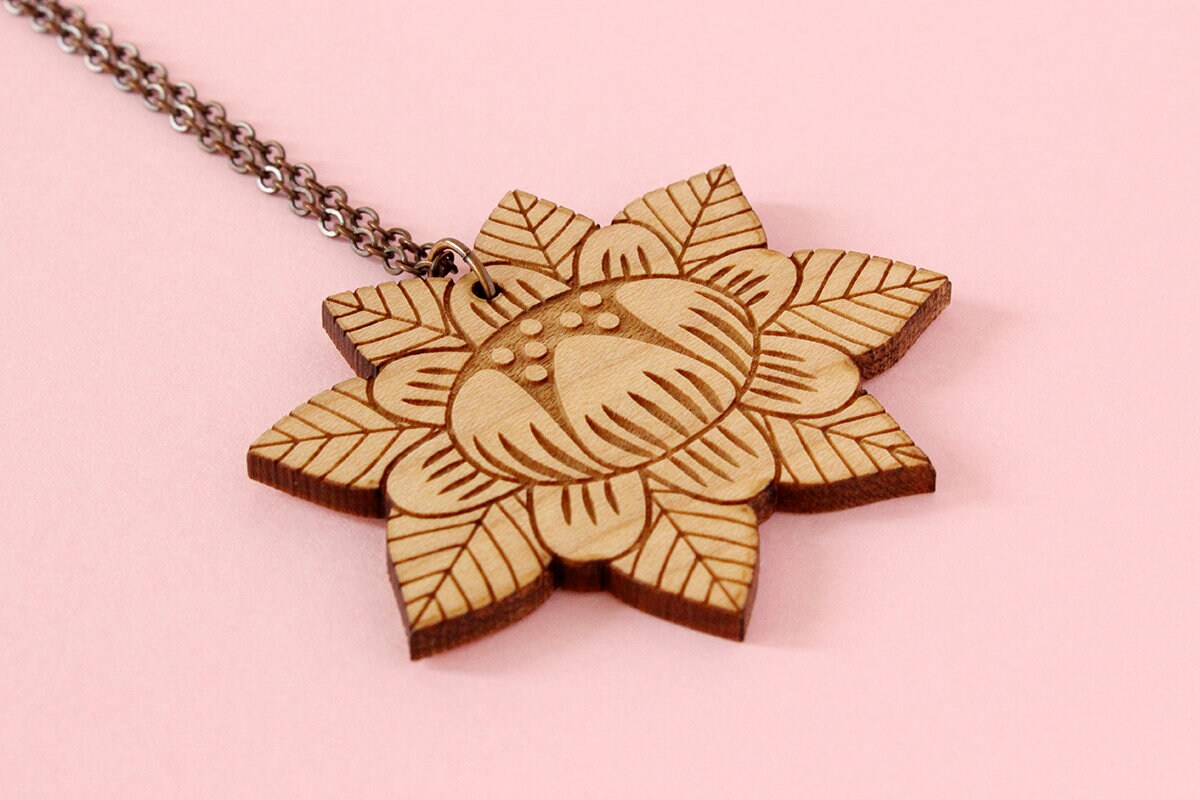 Wooden Flower Necklace Lasercut Wood Pendant Stylized Fl - Laser Cut Wooden Pendants Wooden Flower Necklace Lasercut Wood Pendant Stylized Fl - Laser Cut Wooden Pendants