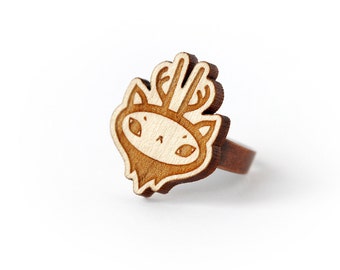 Deer ring - reindeer ring - elk - stag - forest animal jewelry - creature - illustrated jewellery - lasercut wood - bachelorette gift