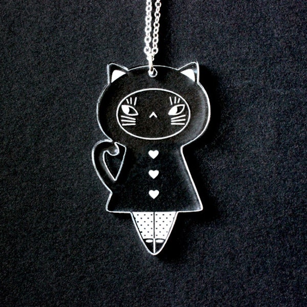 Collier poupée Chat - pendentif kokeshi chaton - bijou matriochka - acrylique transparent gravé au laser - graphique