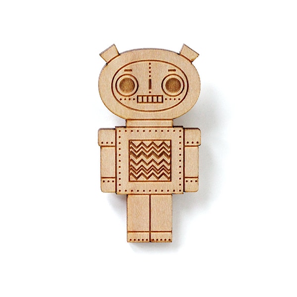 Broche Robot en bois - gravé au laser - pin's geek - poupée robot - bijou mignon en bois - découpe laser - kawaii - cadeau de Noël pour elle