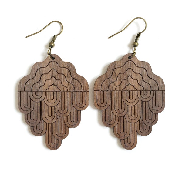 Big statement earrings in lasercut solid walnut wood - abstract bold and graphic jewelry - dark geometric impressive accessory