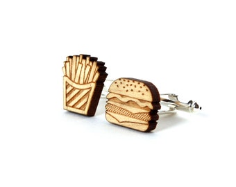 Hamburger and fries cufflinks in lasercut wood - mismatched funny accessory - fast food wedding jewelry - cheeseburger - gift for the groom