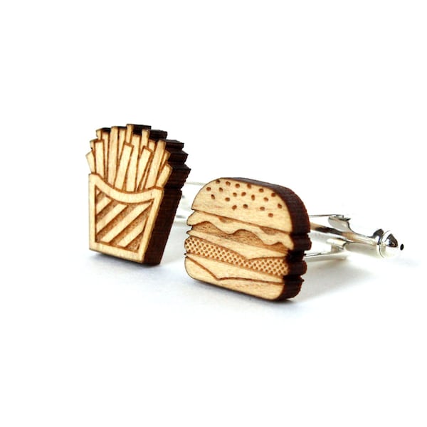 Boutons de manchette Burger et frites - boutons dépareillés - hamburger - cheeseburger - accessoire marié - bois gravé au laser - mariage